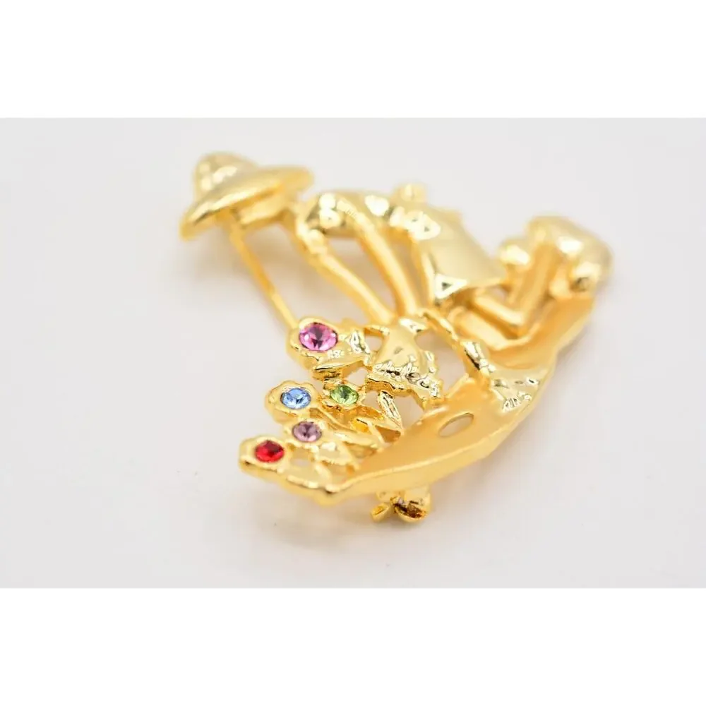Vintage Flower Garden Pin Brooch Figural Floral Crystal Gold NOS 1980s BinA9